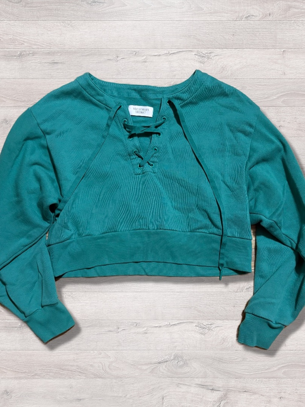 Victoria's Secret Women's Green Cropped Lace-Up Fleece Pullover Medium